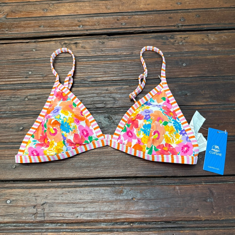 Cupshe Floral Striped Triangle Bikini Top Pink Orange Womens M